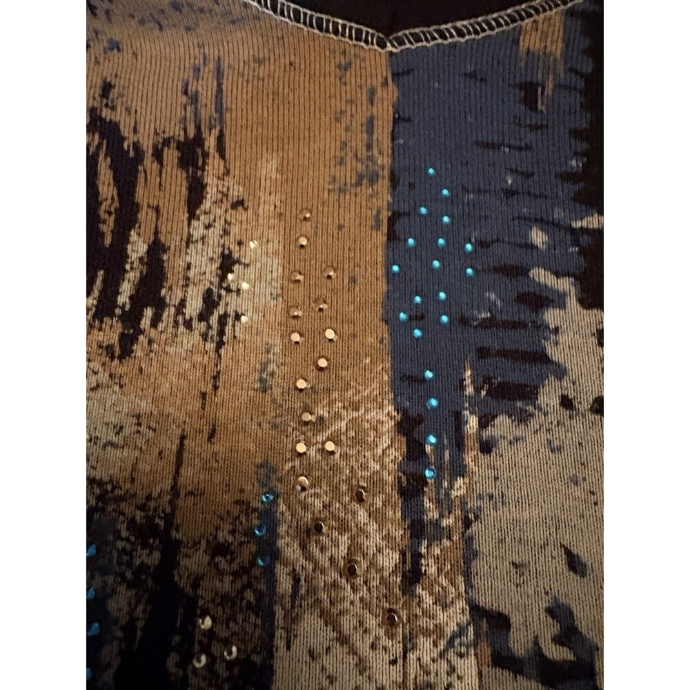 Jess & Jane Abstract Brushstroke Top Artsy Sequin Lagenlook Boho Earthy Size L - Picture 8 of 10